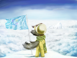 Size: 1930x1466 | Tagged: safe, artist:anticular, daring do, pegasus, pony, g4, adventure, back, female, flag, mare, mountain, rear view, snow, solo, windswept mane