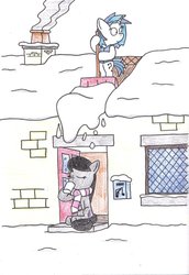Size: 1024x1491 | Tagged: safe, artist:bobthedalek, dj pon-3, octavia melody, vinyl scratch, pony, g4, backwards cutie mark, bipedal, clothes, cup, drink, drinking, mug, scarf, shovel, snow, this will end in tears and/or death, traditional art, winter