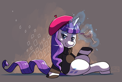 Size: 1562x1043 | Tagged: safe, artist:sharmie, rarity, g4, beatnik rarity, beret, clothes, female, glass, hat, magic, solo, sweater, wine