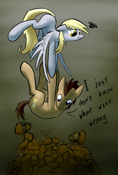 Size: 1181x1748 | Tagged: safe, artist:underpable, derpy hooves, doctor whooves, time turner, pegasus, pony, g4, carrying, dialogue, female, flying, food, i just don't know what went wrong, mare, monster, muffin, pile