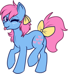 Size: 386x415 | Tagged: safe, artist:lulubell, bow tie (g1), g1, g4, :p, ;p, female, g1 to g4, generation leap, one eye closed, silly, simple background, solo, tail bow, tongue out, transparent background, wink