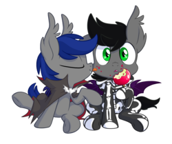 Size: 2000x1668 | Tagged: safe, artist:equestria-prevails, oc, oc only, oc:aux, oc:hekesuh, bat pony, pony, apple, clothes, colt, costume, cute, dracula, gay, licking, male, nightmare night costume, shipping, simple background, skeleton costume, transparent background, trap, younger