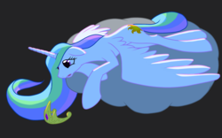 Size: 1920x1200 | Tagged: safe, artist:nadnerbd, princess celestia, alicorn, pony, g4, backlighting, black background, cloud, crossed hooves, crown, female, jewelry, large wings, long legs, long mane, long tail, looking down, lying down, lying on a cloud, mare, on a cloud, prone, regalia, sad, simple background, slender, solo, tail, tall, thin, wings