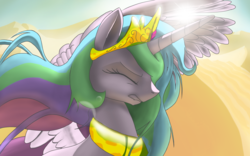 Size: 1920x1200 | Tagged: safe, artist:nadnerbd, princess celestia, alicorn, pony, g4, backlighting, bright, dark, desert, eyes closed, female, mare, solo