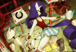 Size: 1300x903 | Tagged: safe, artist:foxinshadow, rarity, anthro, g4, action pose, clothes, female, fight, mannequin, martial artist rarity, shirt, skirt, solo