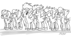 Size: 1098x575 | Tagged: dead source, safe, artist:sierraex, blaze, fire streak, lightning streak, misty fly, soarin', spitfire, surprise (g4), pegasus, pony, g4, female, grayscale, male, mare, monochrome, ship:soarinfire, shipping, sketch, stallion, straight, wonderbolts