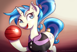 Size: 1085x736 | Tagged: safe, artist:tadashi--kun, allie way, pony, unicorn, g4, bowling ball, female, mare, solo, tail wrap