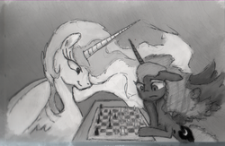 Size: 800x520 | Tagged: safe, artist:hewison, princess celestia, princess luna, alicorn, pony, g4, chess, chessboard incorrectly oriented, duo, grayscale, monochrome, royal sisters, siblings, sisters