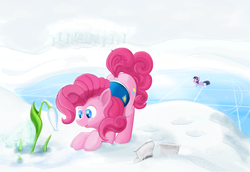 Size: 1650x1136 | Tagged: safe, artist:suntenri, pinkie pie, twilight sparkle, earth pony, pony, unicorn, winter wrap up, clothes, female, flower, ice skates, ice skating, looking at something, mare, plant, snow, snowdrop (flower), solo focus, vest, weather team, winter, winter wrap up vest