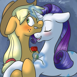 Size: 1000x1000 | Tagged: safe, artist:thundershock0823, applejack, rarity, g4, female, flower, lesbian, ship:rarijack, shipping