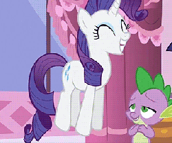 Size: 321x266 | Tagged: safe, screencap, rarity, spike, pony, unicorn, g4, green isn't your color, animated, cropped, earthquake, female, jumping, loop, pronking, vibrating