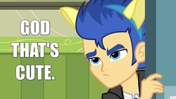 Size: 1920x1080 | Tagged: safe, edit, flash sentry, equestria girls, g4, ears, god that's cute, image macro, lurking, male, solo, text