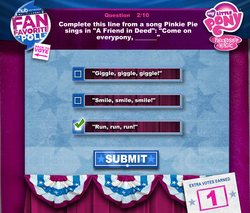 Size: 952x810 | Tagged: safe, pinkie pie, a friend in deed, g4, fan favorite poll, hubworld, quiz, smile song, text