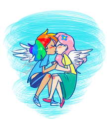 Size: 495x573 | Tagged: dead source, safe, artist:tawny, fluttershy, rainbow dash, human, g4, blushing, clothes, duo, duo female, female, flower, flower in hair, flying, humanized, kissing, lesbian, ship:flutterdash, shipping, shoes, shorts, skirt, winged humanization, wings