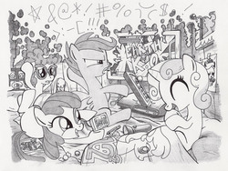 Size: 1608x1207 | Tagged: safe, artist:lumdrop, apple bloom, scootaloo, sweetie belle, twist, g4, censored vulgarity, cutie mark crusaders, flashlight (object), glasses, grawlixes, rage quit, soap, ultimate marvel vs capcom 3, video game