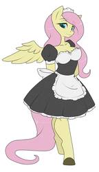 Size: 553x960 | Tagged: safe, artist:sugarcup, fluttershy, anthro, unguligrade anthro, g4, breasts, cleavage, clothes, female, fluttermaid, hooves, looking at you, maid, simple background, smiling, solo, spread wings