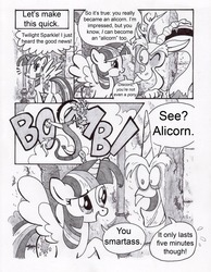 Size: 2528x3258 | Tagged: dead source, safe, artist:lumdrop, discord, twilight sparkle, alicorn, draconequus, pony, g4, comic, dialogue, dragon ball, female, horn, mare, open mouth, open smile, pun, smiling, speech bubble, spread wings, transformation, twilight sparkle (alicorn), wings