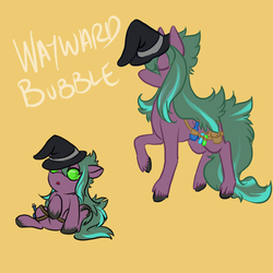 Size: 900x900 | Tagged: safe, artist:lavvythejackalope, oc, oc only, oc:wayward bubble, earth pony, pony, :o, baby, baby pony, bag, duo, earth pony oc, eyes closed, hat, open mouth, raised hoof, reference sheet, saddle bag, simple background, sitting, text, underhoof, unshorn fetlocks, vial, weapon, witch hat, yellow background