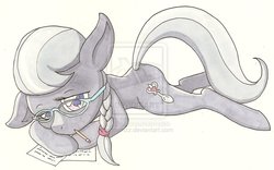 Size: 900x562 | Tagged: safe, artist:goomzz, silver spoon, g4, female, mouth hold, pencil, solo, traditional art