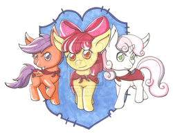 Size: 900x700 | Tagged: safe, artist:goomzz, apple bloom, scootaloo, sweetie belle, g4, cutie mark crusaders, traditional art