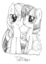 Size: 1249x1728 | Tagged: safe, artist:awengrocks, rainbow dash, twilight sparkle, g4, female, lesbian, monochrome, ship:twidash, shipping