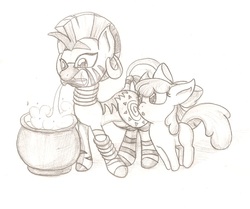 Size: 1269x1060 | Tagged: safe, artist:goomzz, apple bloom, zecora, zebra, g4, cauldron, monochrome, mouth hold, potion, traditional art