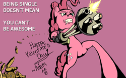 Size: 4000x2500 | Tagged: safe, artist:doggonepony, pinkie pie, earth pony, pony, g4, bipedal, female, gun, hearts and hooves day, minigun, solo, valentine's day