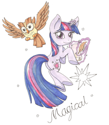 Size: 900x1029 | Tagged: safe, artist:goomzz, owlowiscious, twilight sparkle, g4, magic, quill, scroll, text, traditional art