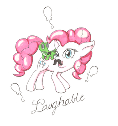 Size: 900x956 | Tagged: safe, artist:goomzz, gummy, pinkie pie, g4, moustache, text, traditional art