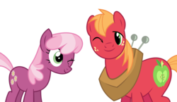 Size: 7657x4443 | Tagged: safe, artist:synch-anon, artist:twiforce, big macintosh, cheerilee, earth pony, pony, g4, absurd resolution, male, ship:cheerimac, shipping, simple background, stallion, straight, transparent background, vector, wink