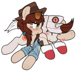 Size: 872x806 | Tagged: safe, artist:psychocat-h, blushing, glasses, hat, medic, medic (tf2), ponified, rule 63, sniper, sniper (tf2), team fortress 2