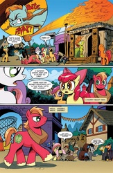 Size: 630x969 | Tagged: safe, idw, official comic, apple bloom, big macintosh, fluttershy, scootaloo, snails, snips, sweetie belle, earth pony, opossum, pegasus, pony, raccoon, unicorn, g1, g4, spoiler:comic, spoiler:comic09, catapult, clothes, colt, comic, cutie mark crusaders, enchanted tiki room, female, filly, foal, g1 to g4, generation leap, grass skirt, idw advertisement, james t kirk, lawgiver, male, mare, preview, skirt, speech bubble, spock, stallion, star trek, sunstone (g1), the return of the archons, tiki room, unnamed character, unnamed pony, walt disney world