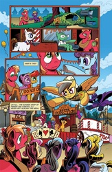 Size: 630x969 | Tagged: safe, idw, official comic, barber groomsby, big macintosh, cherry jubilee, daring do, derpy hooves, fleetfoot, mare do well, rosie rust, earth pony, pegasus, pony, unicorn, g4, spoiler:comic, andy you magnificent bastard, caitlin fairchild, clothes, cocoon, cowboy hat, dead man's hand, fairchild, female, freefall, gen 13, hat, idw advertisement, male, mare, parade, parade balloon, pith helmet, preview, shirt, stallion, stetson, wild bill hickock, wild bull hickock