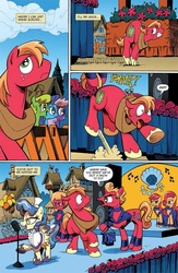 Size: 630x969 | Tagged: safe, idw, official comic, big macintosh, fuzzy grapes, joy jump, poolside punch, rhythm mirror, sapphire shores, smooth fruit, soul power, zesty pickle, earth pony, pony, g4, zen and the art of gazebo repair, spoiler:comic, spoiler:comic10, afro, background pony, female, generic pony, idw advertisement, male, mare, microphone, music notes, parade float, preview, raised hoof, singing, speaker, stage, stallion, tail, tail pull, yoink