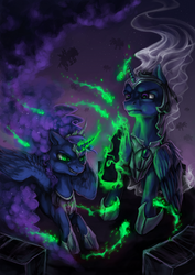 Size: 900x1273 | Tagged: safe, artist:elkaart, princess luna, queen chrysalis, oc, changeling, g4, armor, magic, transformation