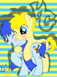 Size: 774x1032 | Tagged: safe, artist:hellgirl66618, blushing, gay, hug, kagamine len, kaito, kissing, male, ponified, stallion, vocaloid