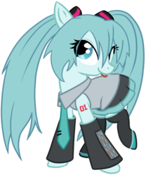Size: 816x979 | Tagged: dead source, safe, artist:potates-chan, pony, :p, clothes, female, hatsune miku, hilarious in hindsight, mare, mlem, ponified, silly, simple background, solo, tongue out, transparent background, vocaloid