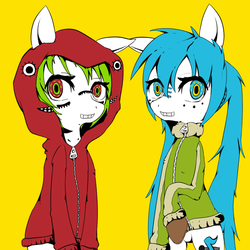 Size: 894x894 | Tagged: safe, artist:dreishzu, clothes, gumi, hatsune miku, matryoshka, ponified, vocaloid