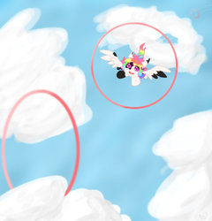 Size: 875x913 | Tagged: safe, artist:corralfur, oc, oc only, pegasus, pony, cloud, flying, hoop, open mouth, open smile, sky, smiling, solo, spread wings, wings