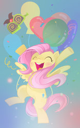 Size: 900x1444 | Tagged: safe, artist:parfywarfy, fluttershy, pegasus, pony, g4, balloon, confetti, cute, eyes closed, female, groucho mask, happy, heart balloon, jumping, mare, shyabetes, solo, swapped cutie marks