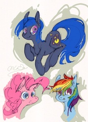 Size: 645x900 | Tagged: safe, artist:yachimata, pinkie pie, rainbow dash, oc, g4, pixiv