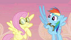 Size: 500x281 | Tagged: safe, screencap, fluttershy, rainbow dash, hurricane fluttershy, animated, cropped, cute, eyes closed, female, flying, goggles, grin, high five, high wing, shyabetes, smiling, spread wings, wing hands