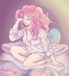 Size: 900x992 | Tagged: safe, artist:king-kakapo, pinkie pie, human, g4, bed, bed hair, bottomless, clothes, cute, diapinkes, drawfag, female, humanized, shirt, sleepy, solo