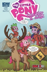 Size: 1265x1920 | Tagged: safe, artist:katiecandraw, idw, pinkie pie, spike, twilight sparkle, dragon, earth pony, moose, pony, unicorn, g4, canada, canadian, chest fluff, comic cover, cover, female, look a moose, male, mare, ponies riding moose, riding, royal canadian mounted police, yield