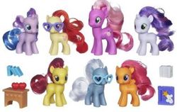 Size: 392x247 | Tagged: safe, apple bloom, cheerilee, scootaloo, silver spoon, star dreams, sweetie belle, twist, g4, brushable, female, irl, photo, toy
