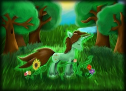 Size: 3961x2863 | Tagged: safe, artist:sketchy-pone, oc, oc only, pony, unicorn, aura, commission, flower, forest, magic, tree