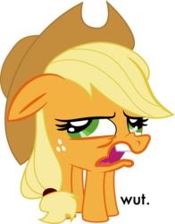 Size: 785x1000 | Tagged: safe, applejack, crab pony, g4, disgusted, female, meme, simple background, solo, wat