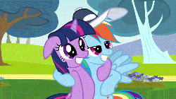 Size: 500x281 | Tagged: safe, screencap, rainbow dash, twilight sparkle, pony, g4, hurricane fluttershy, animated, baseball cap, cap, cropped, duo, female, floppy ears, gif, hat, holding each other, hug, scrunchy face