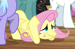 Size: 500x329 | Tagged: safe, screencap, cloudchaser, fluttershy, high note, mercury, merry may, star hunter, starry eyes (g4), warm front, pony, g4, hurricane fluttershy, season 2, animated, covering eyes, cowering, ears back, scared, solo focus