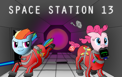 Size: 1058x674 | Tagged: safe, artist:dromg, pinkie pie, rainbow dash, g4, black hole, get dat fukken disk, space station 13